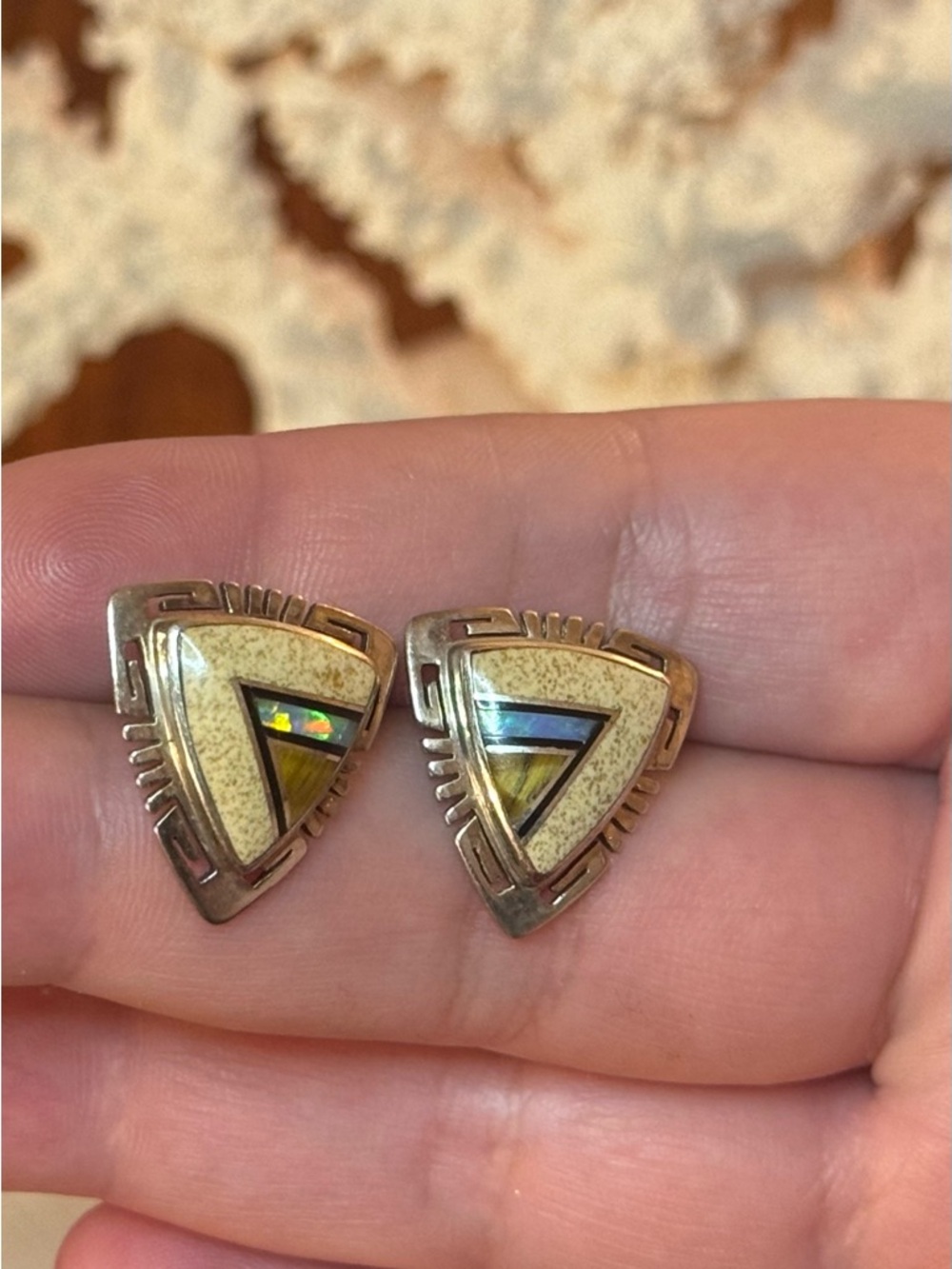 Native American Sterling VTG Inlay Earrings - Picture 11 of 16